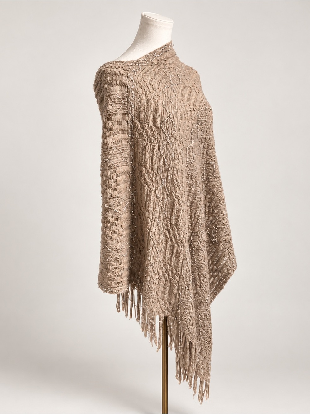 Boho Crochet Lace Asymmetrical Fringe Poncho Sweater Taupe Beige